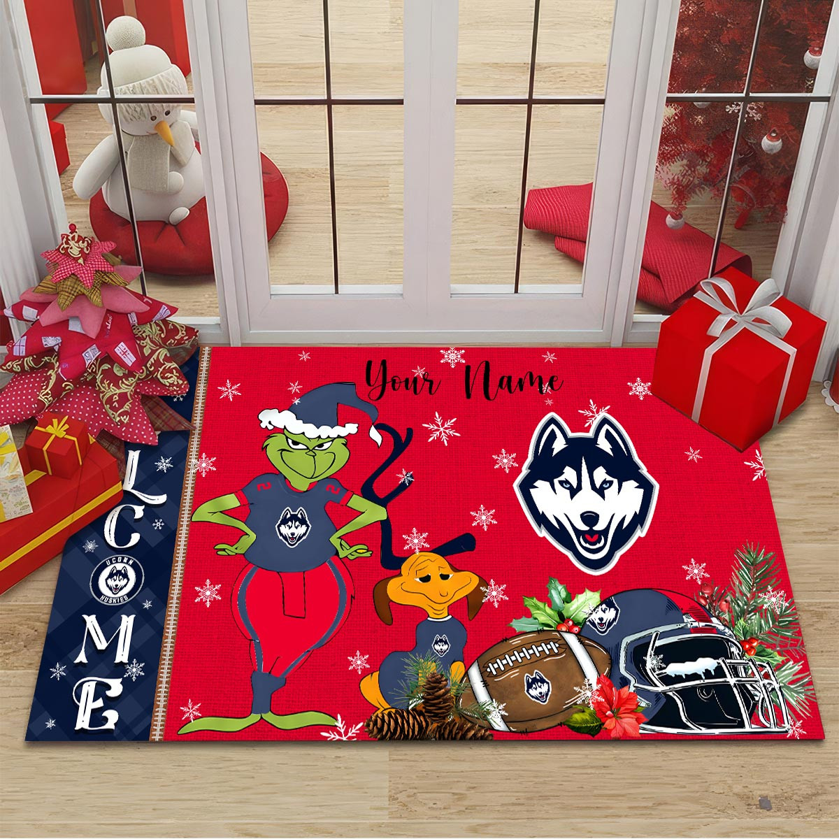 Sportswearmerch Uconn Huskies NCAA x Grinch Christmas Welcome Football Doormat For Fan