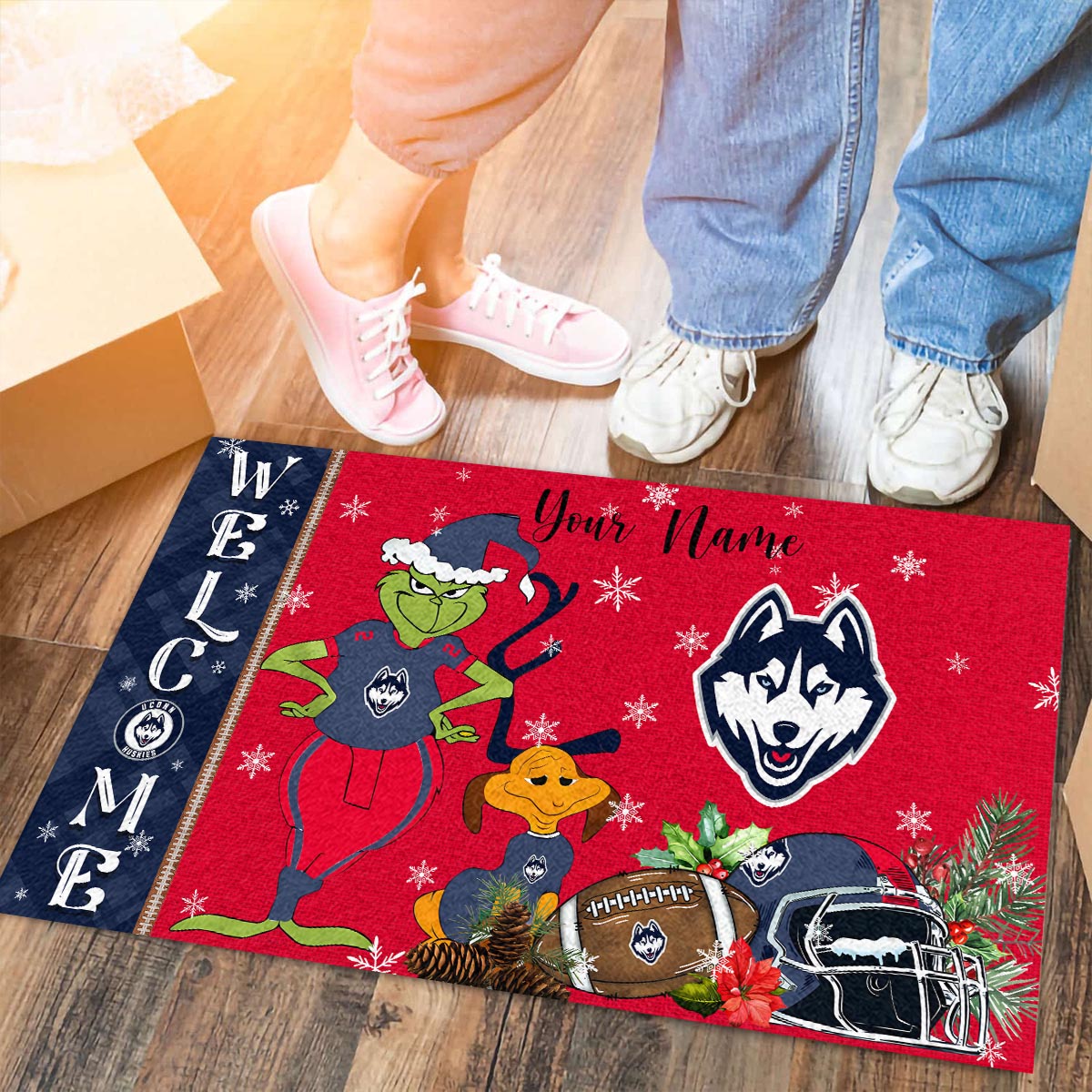 Sportswearmerch Uconn Huskies NCAA x Grinch Christmas Welcome Football Doormat For Fan