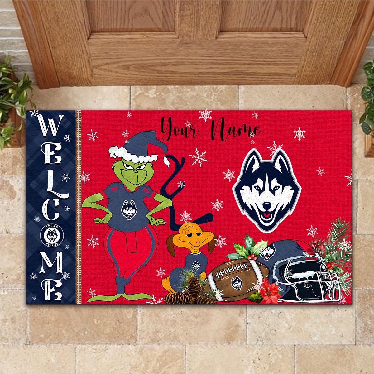 Sportswearmerch Uconn Huskies NCAA x Grinch Christmas Welcome Football Doormat For Fan