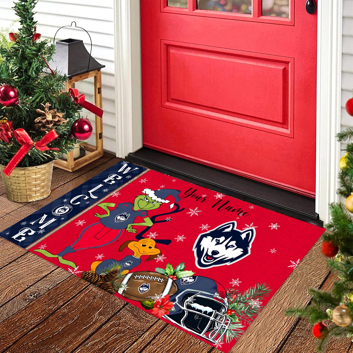 Sportswearmerch Uconn Huskies NCAA x Grinch Christmas Welcome Football Doormat For Fan