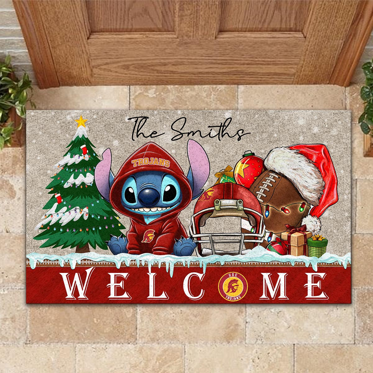 Sportswearmerch USC Trojans NCAA x Cute Stitch Christmas Doormat For Fan