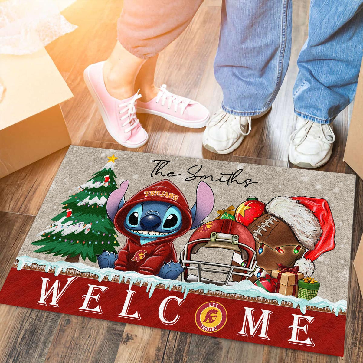 Sportswearmerch USC Trojans NCAA x Cute Stitch Christmas Doormat For Fan
