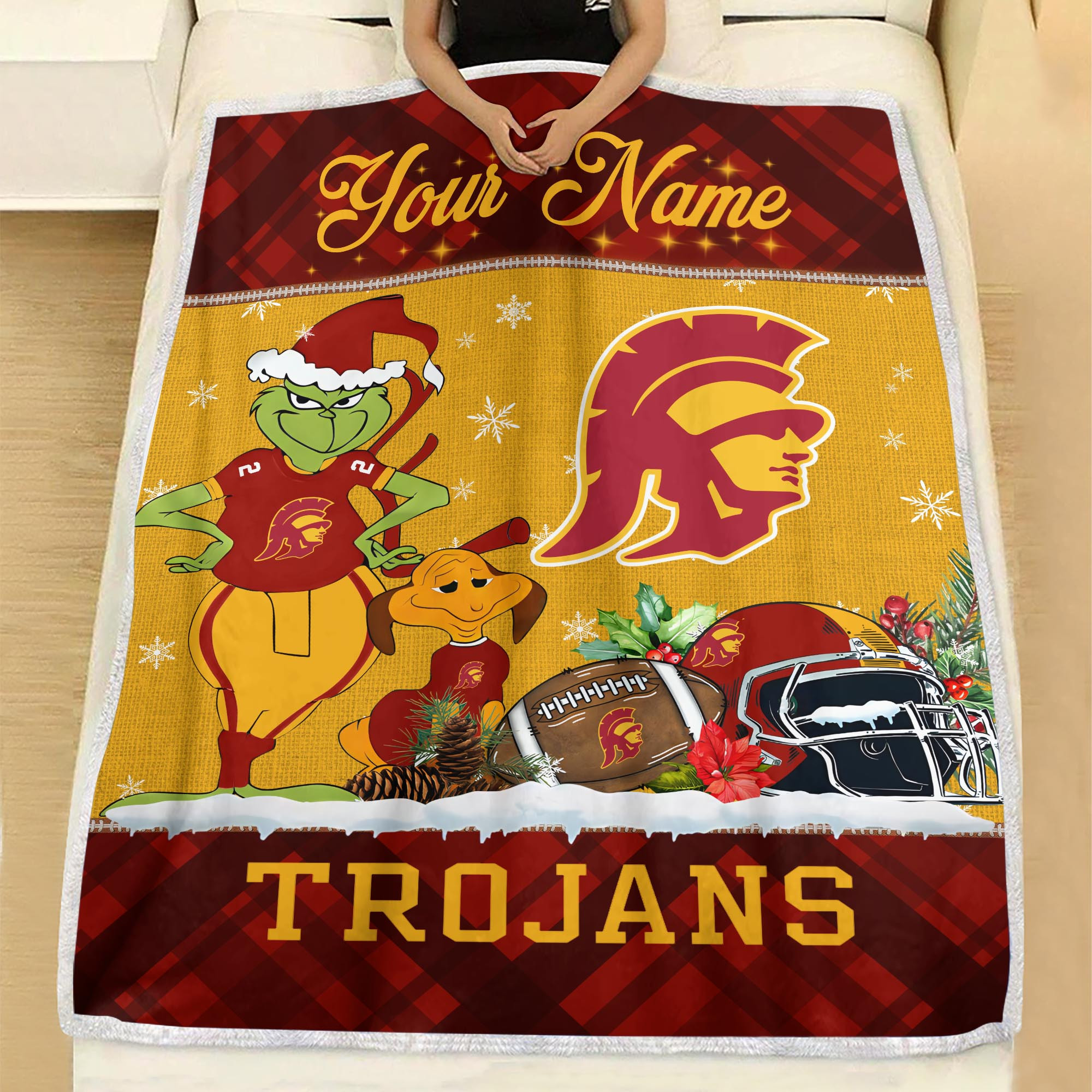 Sportswearmerch USC Trojans NCAA x Grinch Christmas Fleece Blanket For Fan