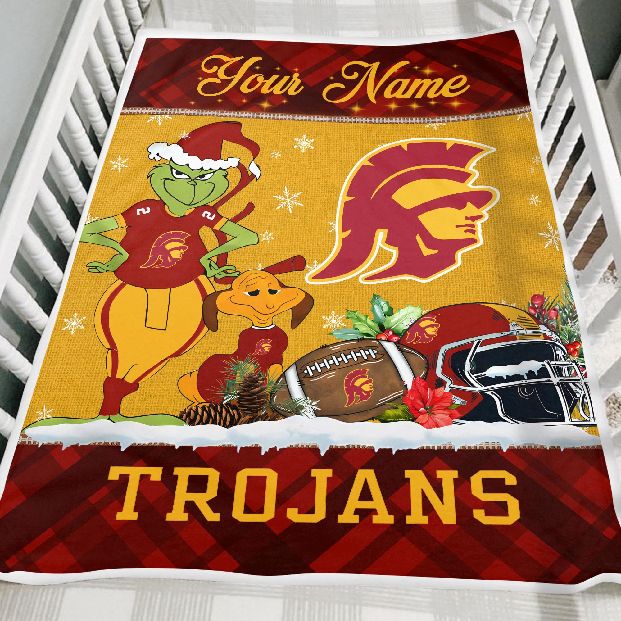 Sportswearmerch USC Trojans NCAA x Grinch Christmas Fleece Blanket For Fan
