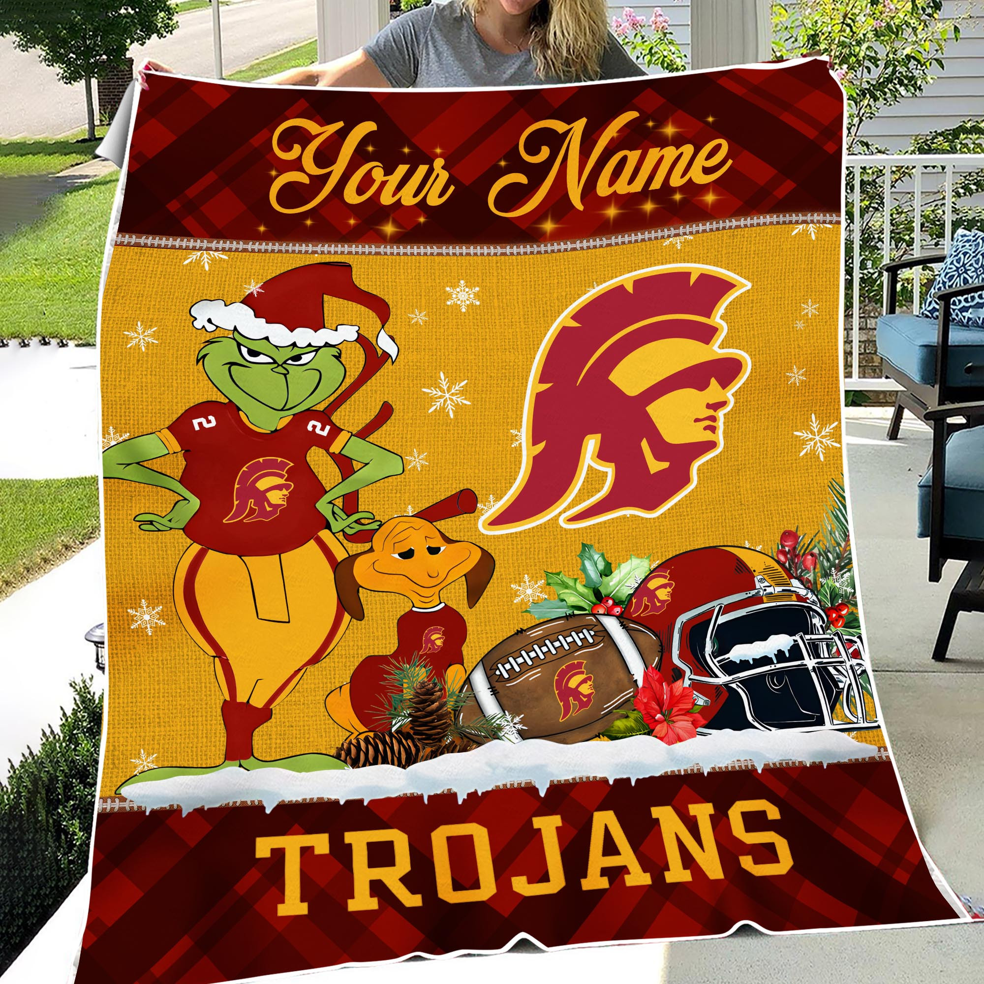 Sportswearmerch USC Trojans NCAA x Grinch Christmas Fleece Blanket For Fan