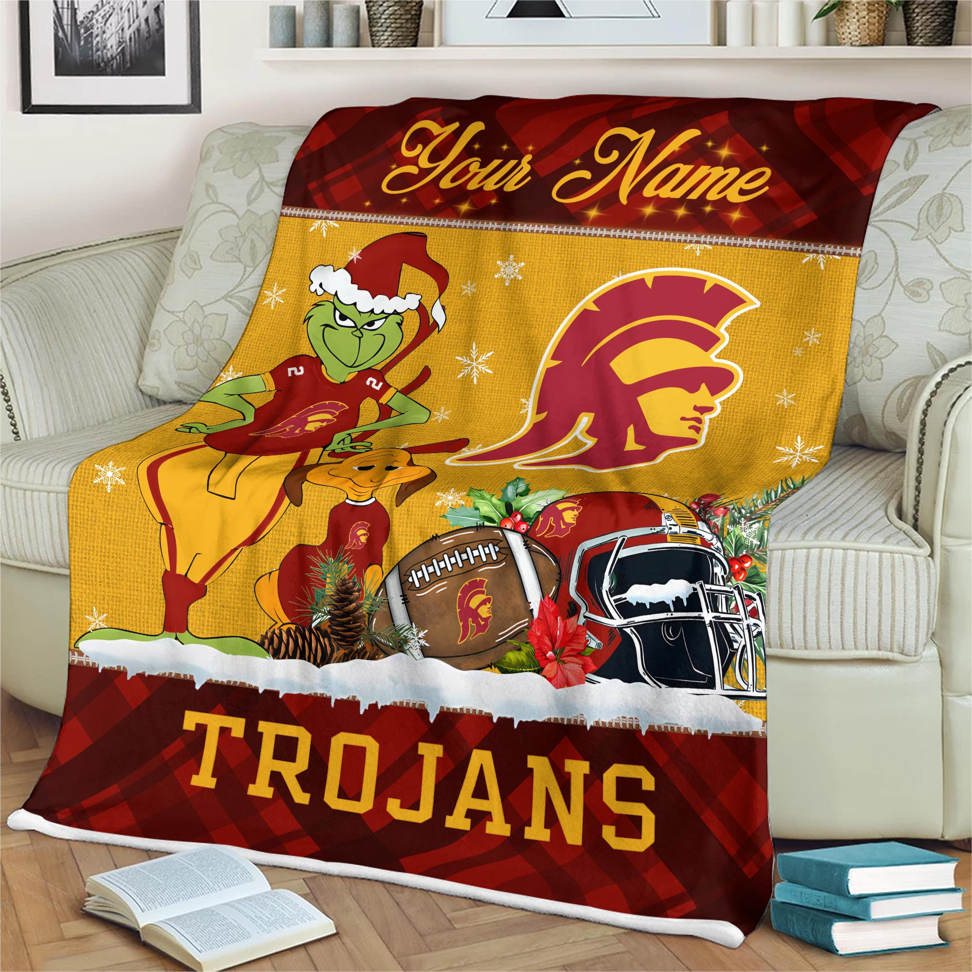 Sportswearmerch USC Trojans NCAA x Grinch Christmas Fleece Blanket For Fan