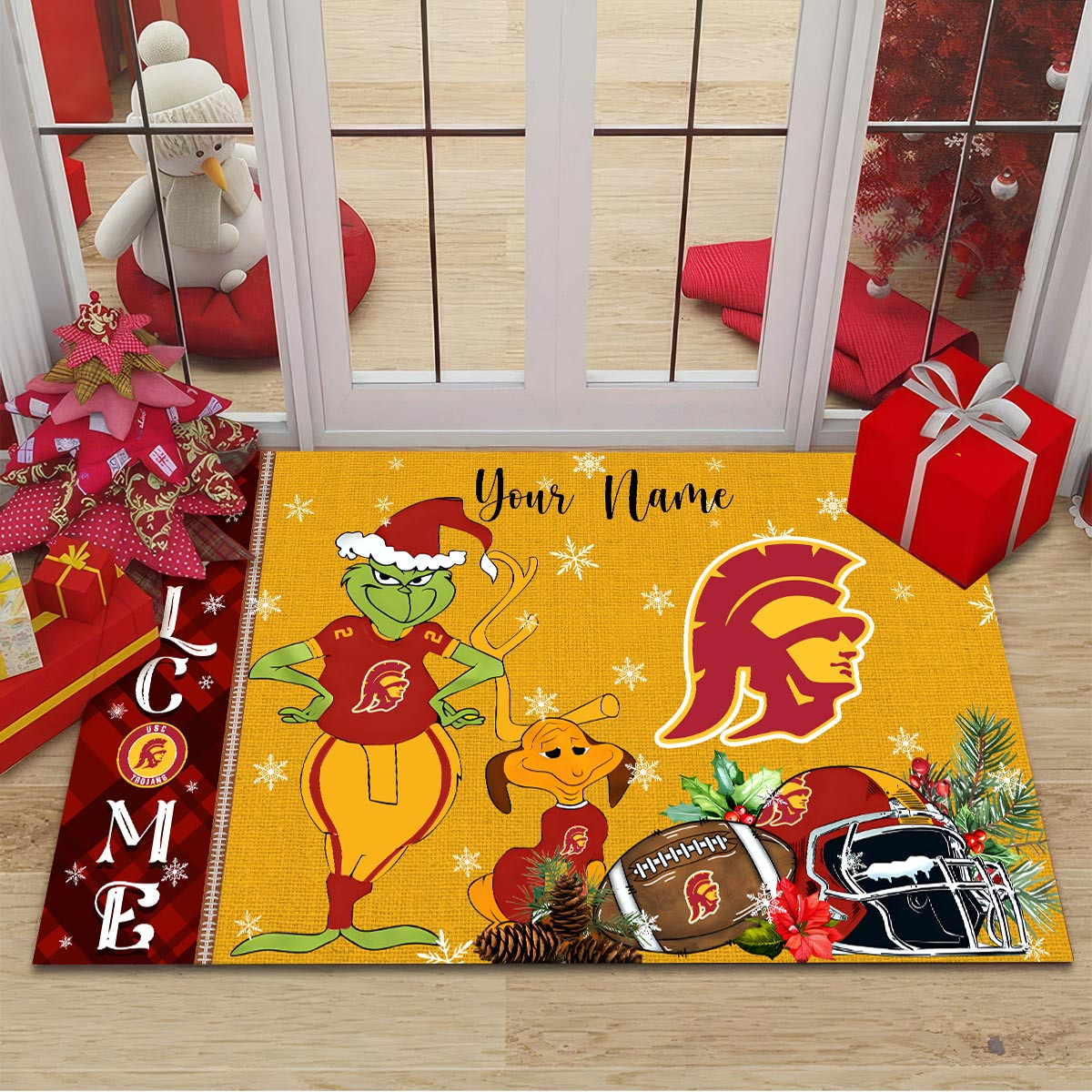 Sportswearmerch USC Trojans NCAA x Grinch Christmas Welcome Football Doormat For Fan
