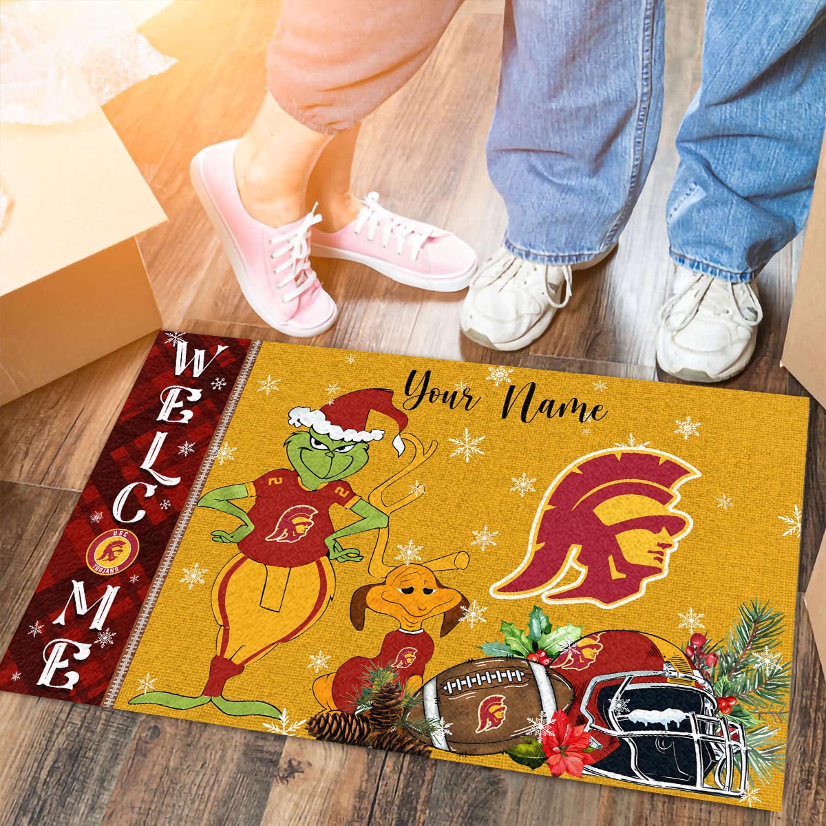 Sportswearmerch USC Trojans NCAA x Grinch Christmas Welcome Football Doormat For Fan