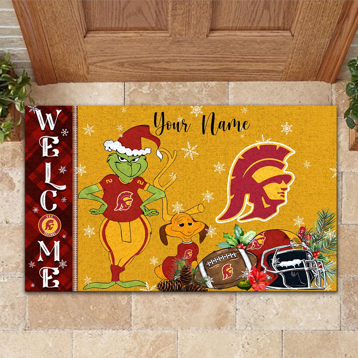 Sportswearmerch USC Trojans NCAA x Grinch Christmas Welcome Football Doormat For Fan