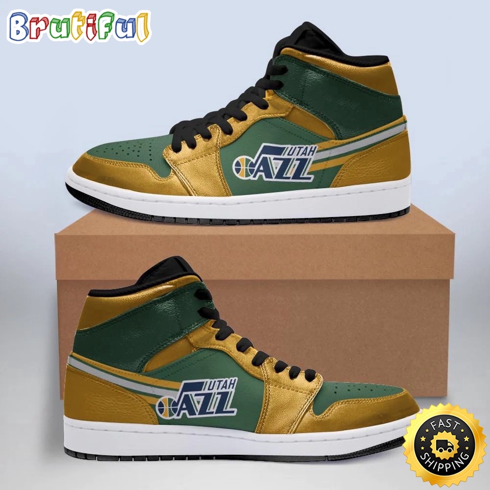 Sportswearmerch Utah Jazz NBA Yellow Green AJ1 High Sneakers Shoes For Men And Women