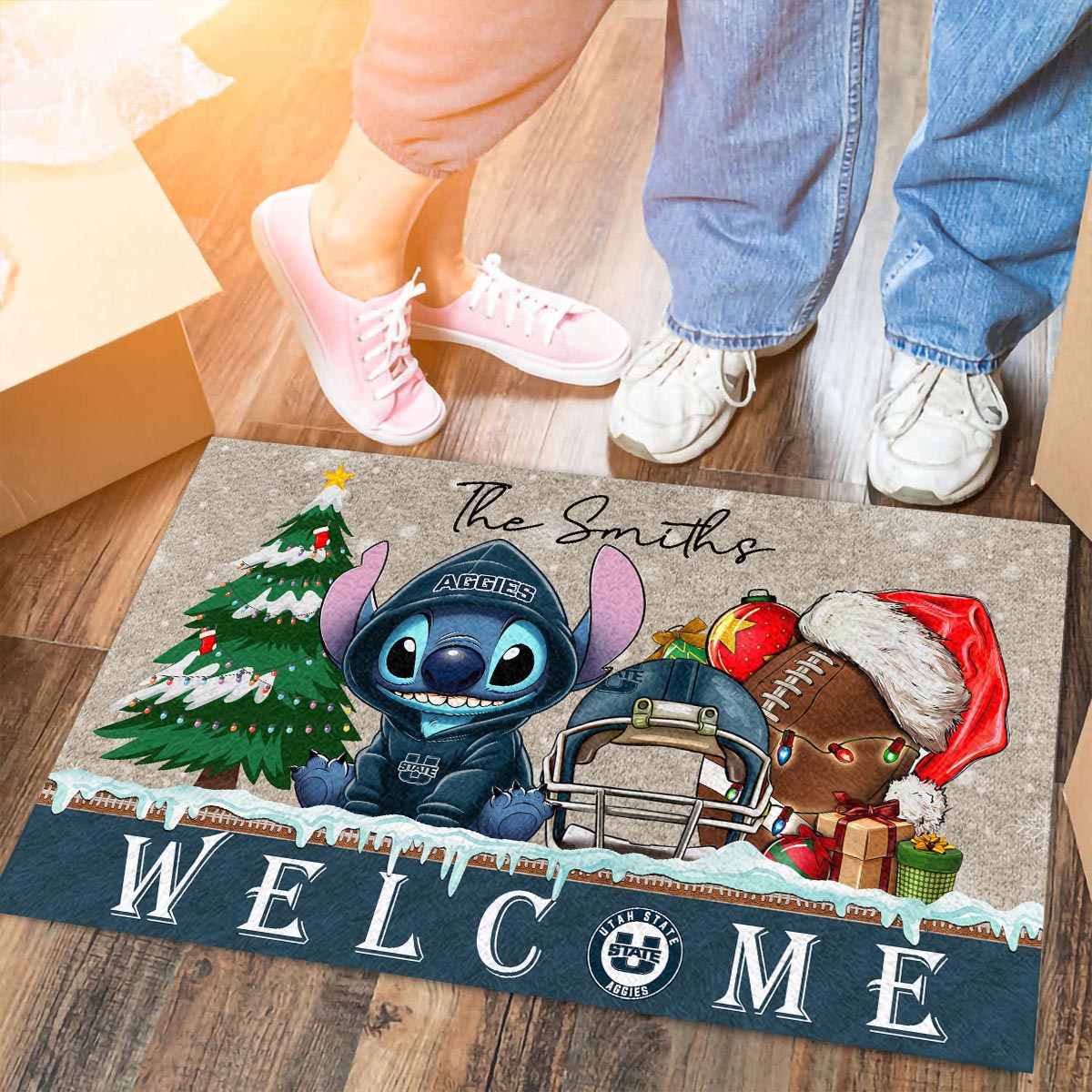 Sportswearmerch Utah State Aggies NCAA x Cute Stitch Christmas Doormat For Fan