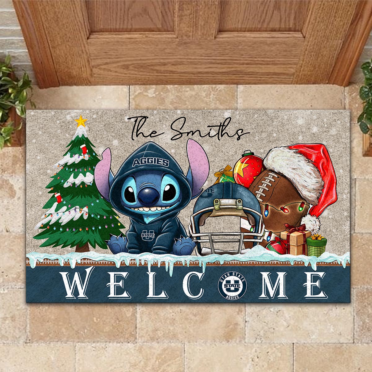 Sportswearmerch Utah State Aggies NCAA x Cute Stitch Christmas Doormat For Fan