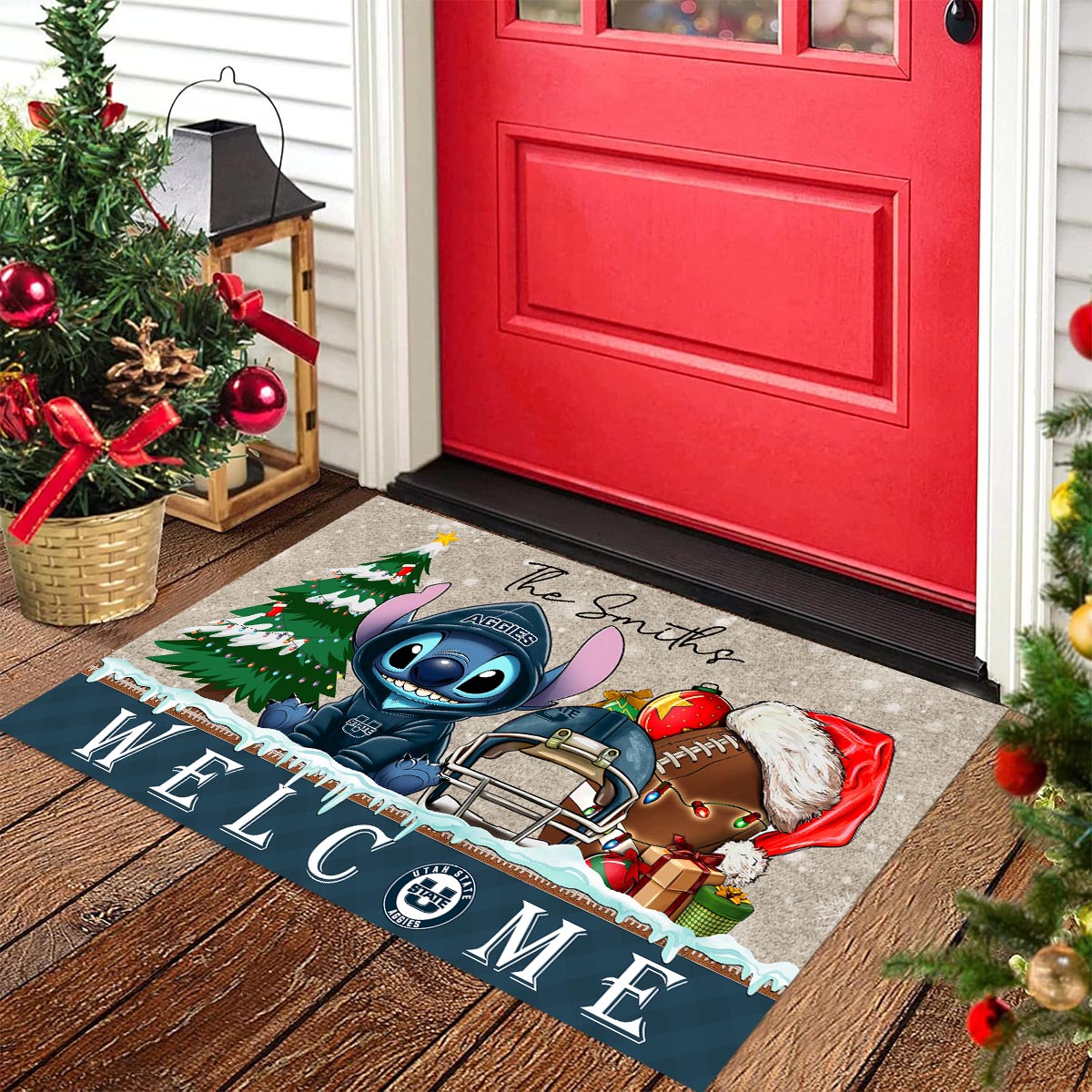 Sportswearmerch Utah State Aggies NCAA x Cute Stitch Christmas Doormat For Fan