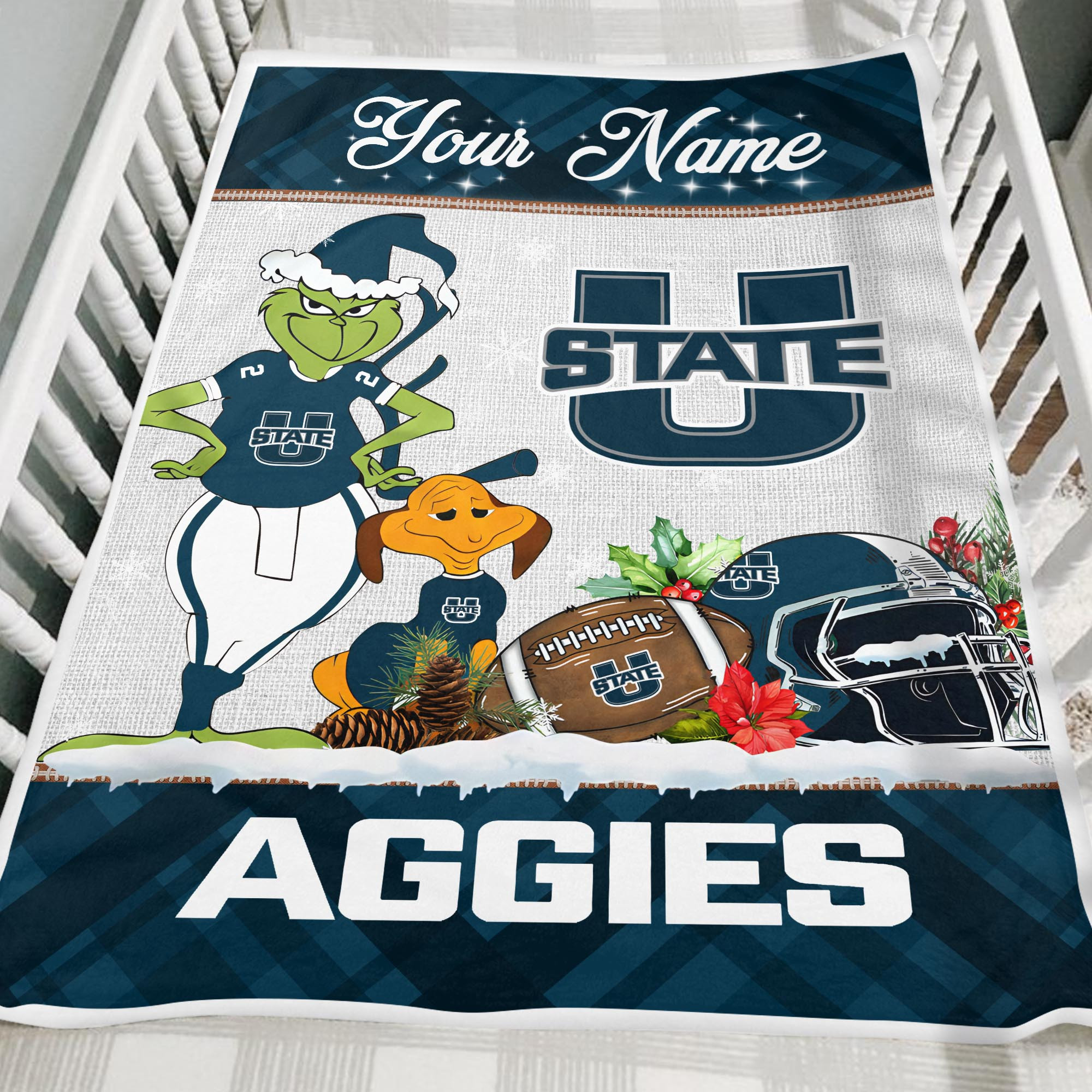 Sportswearmerch Utah State Aggies NCAA x Grinch Christmas Fleece Blanket For Fan