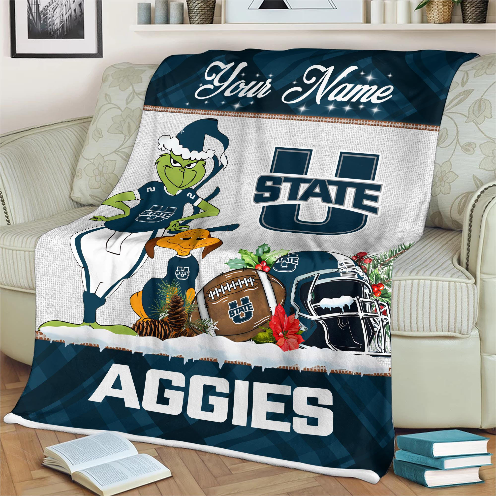 Sportswearmerch Utah State Aggies NCAA x Grinch Christmas Fleece Blanket For Fan