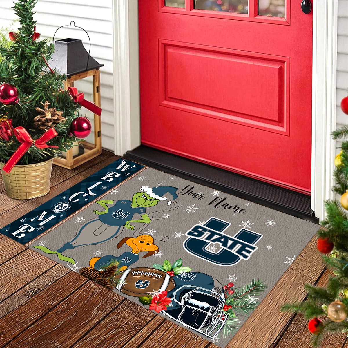 Sportswearmerch Utah State Aggies NCAA x Grinch Christmas Welcome Football Doormat For Fan