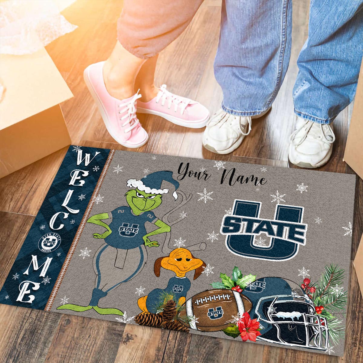 Sportswearmerch Utah State Aggies NCAA x Grinch Christmas Welcome Football Doormat For Fan