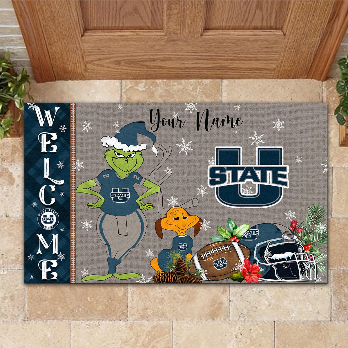 Sportswearmerch Utah State Aggies NCAA x Grinch Christmas Welcome Football Doormat For Fan