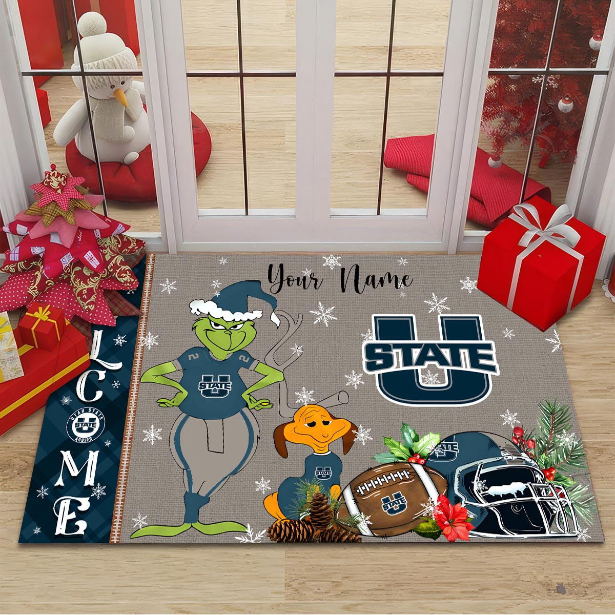 Sportswearmerch Utah State Aggies NCAA x Grinch Christmas Welcome Football Doormat For Fan