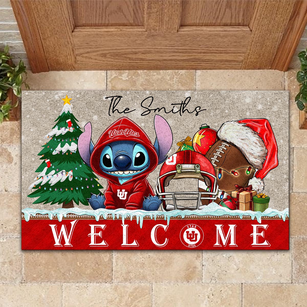 Sportswearmerch Utah Utes NCAA x Cute Stitch Christmas Doormat For Fan