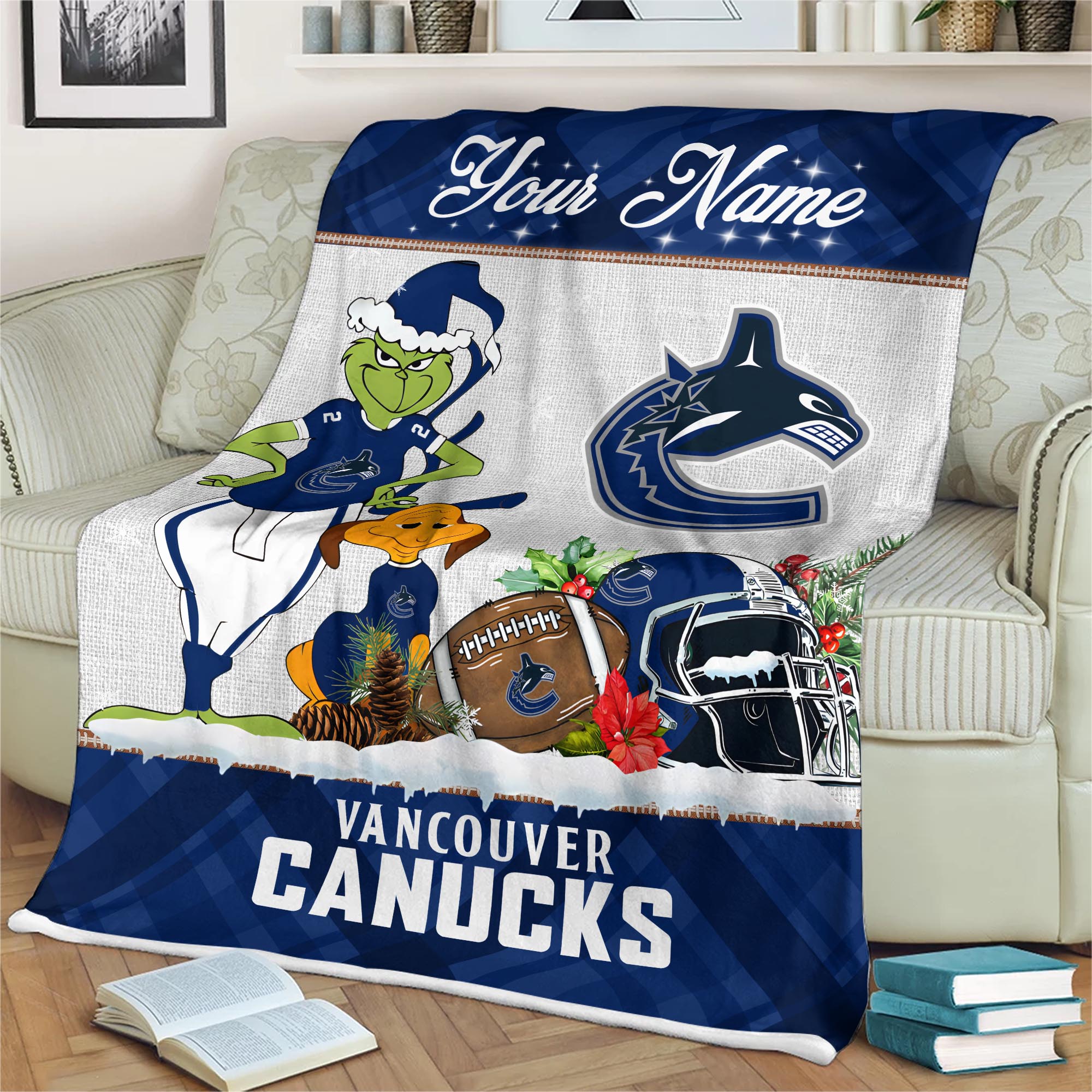 Sportswearmerch Vancouver Canucks NHL x Grinch Christmas Fleece Blanket For Fan