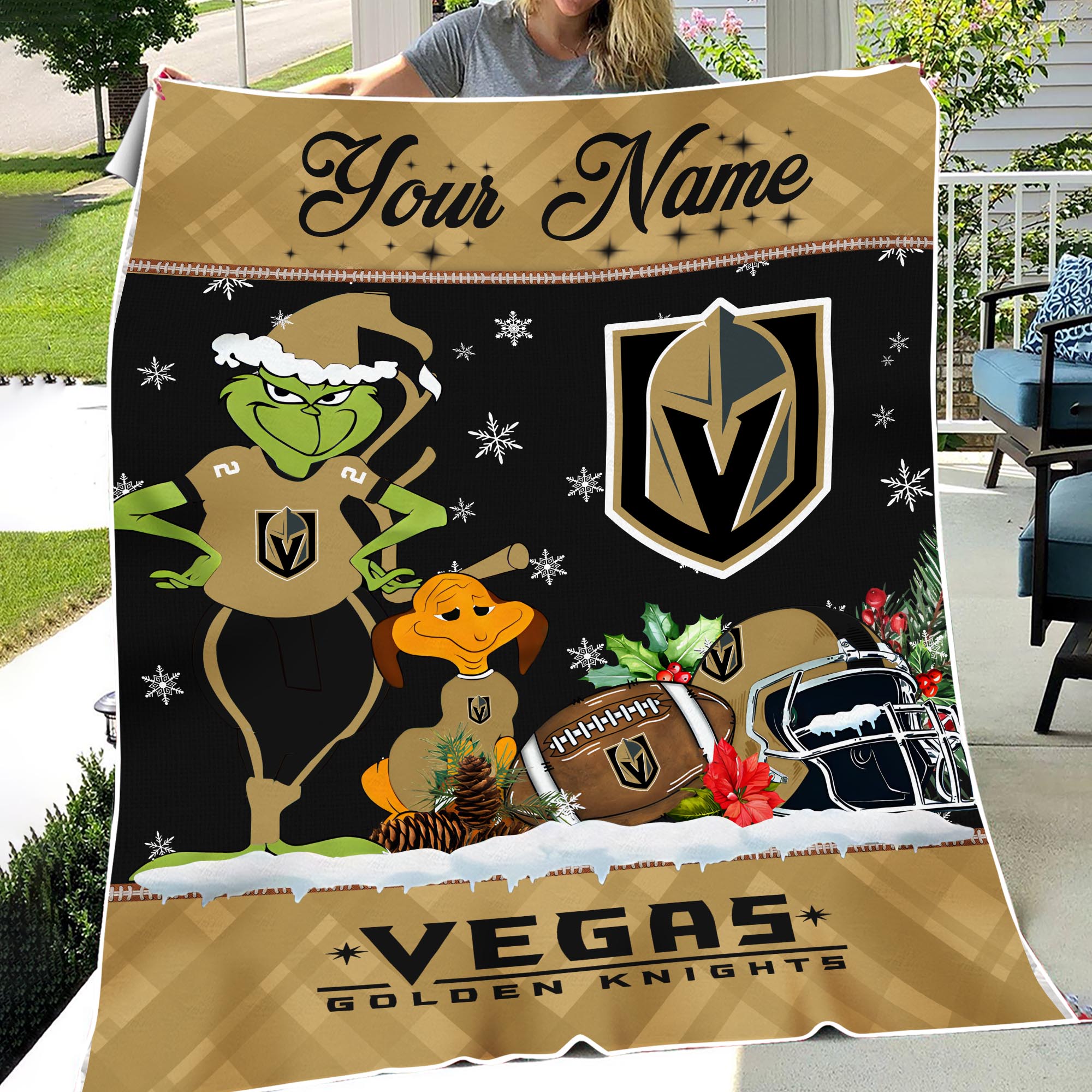 Sportswearmerch Vegas Golden Knights NHL x Grinch Christmas Fleece Blanket For Fan