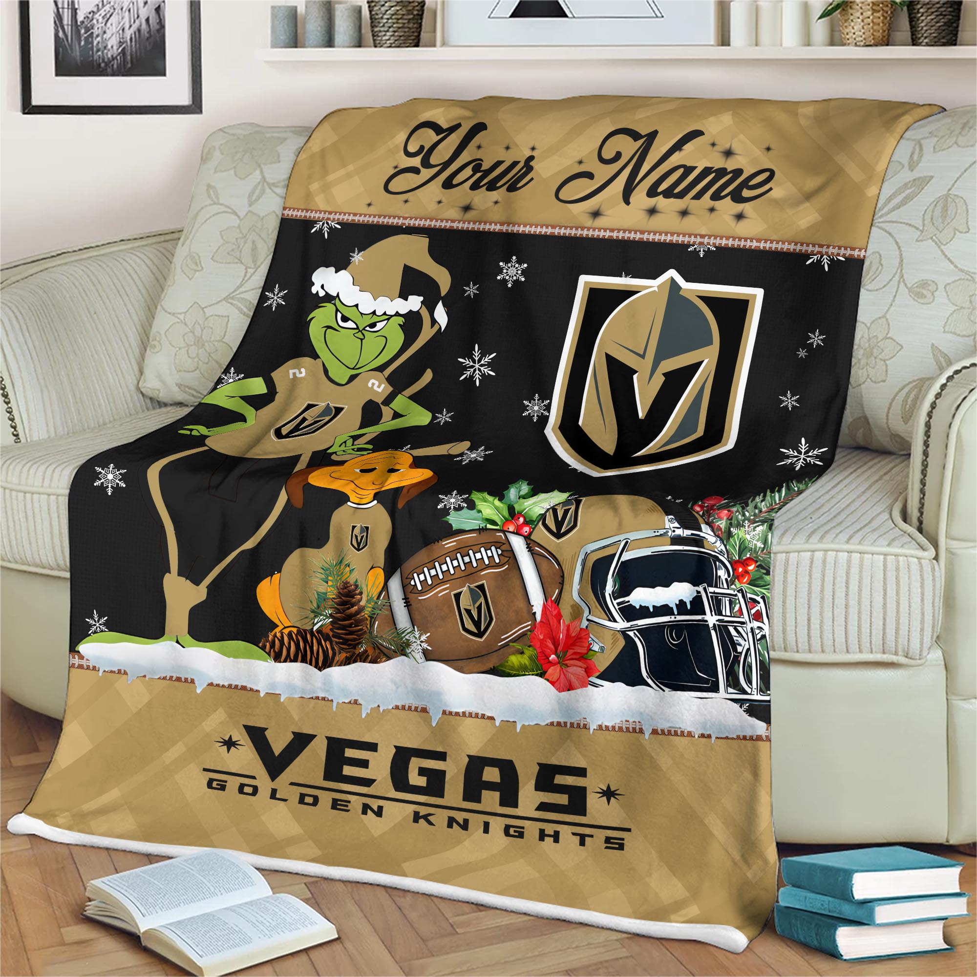 Sportswearmerch Vegas Golden Knights NHL x Grinch Christmas Fleece Blanket For Fan