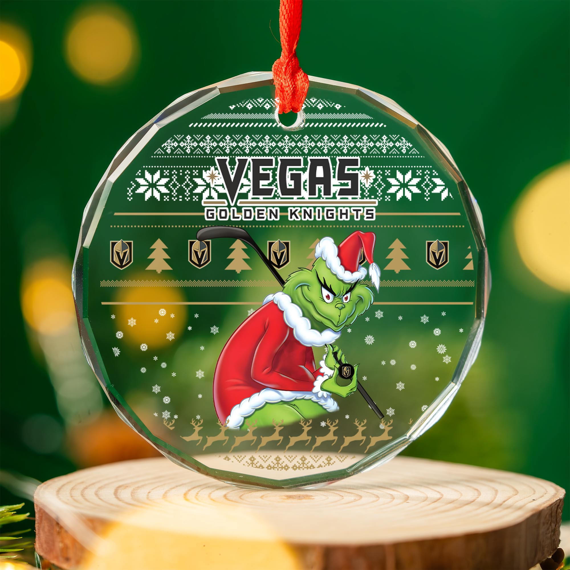 Sportswearmerch Vegas Golden Knights NHL x Grinch Christmas Glass Ornament For Fans