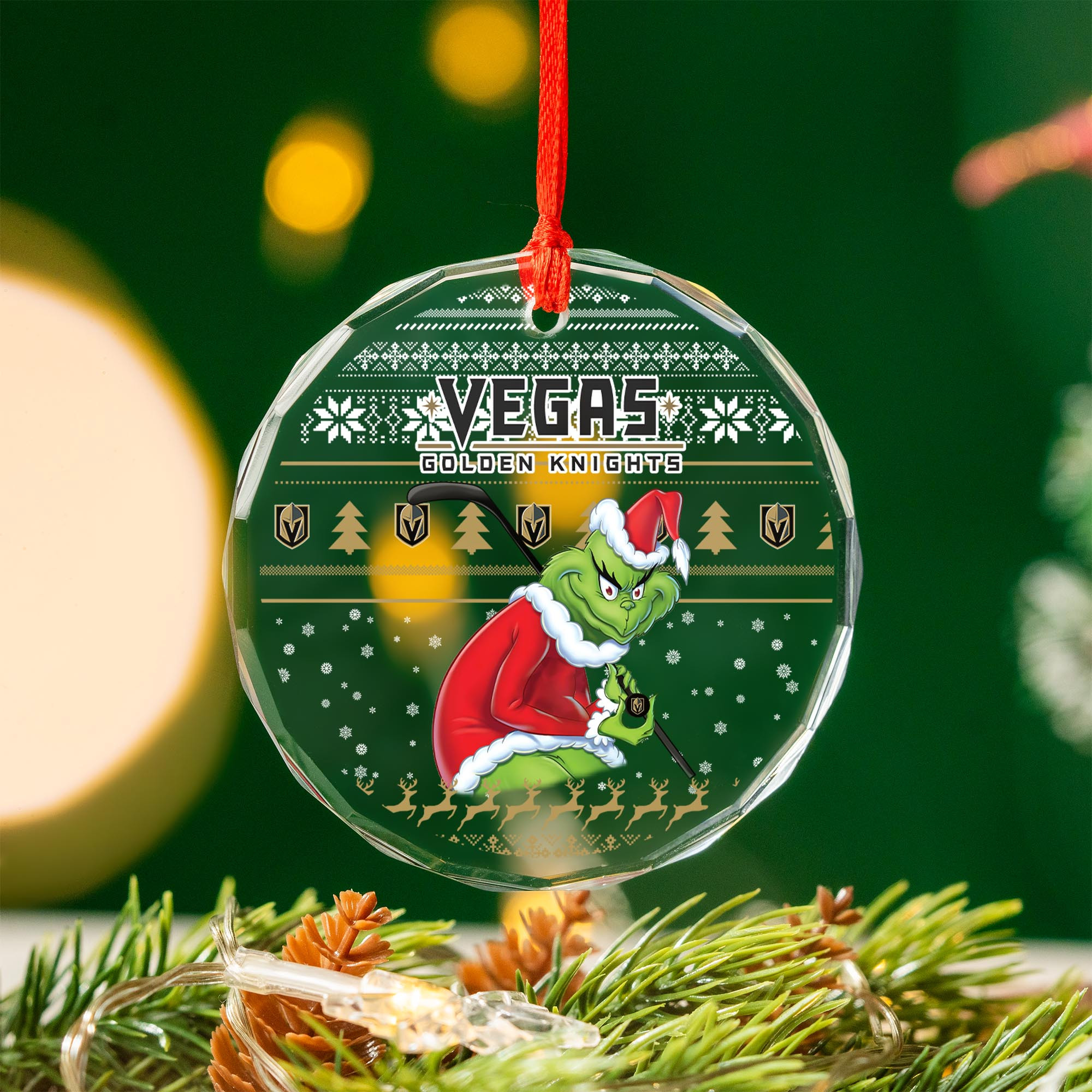Sportswearmerch Vegas Golden Knights NHL x Grinch Christmas Glass Ornament For Fans