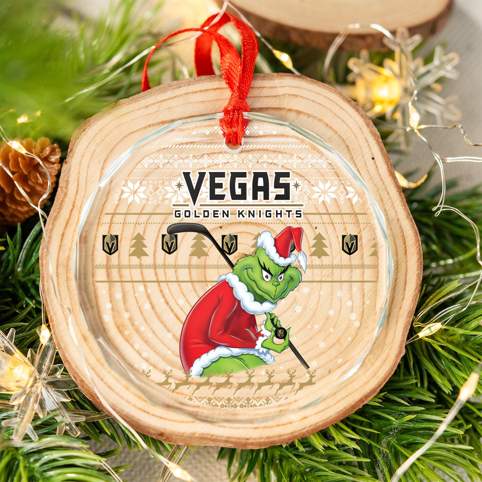 Sportswearmerch Vegas Golden Knights NHL x Grinch Christmas Glass Ornament For Fans
