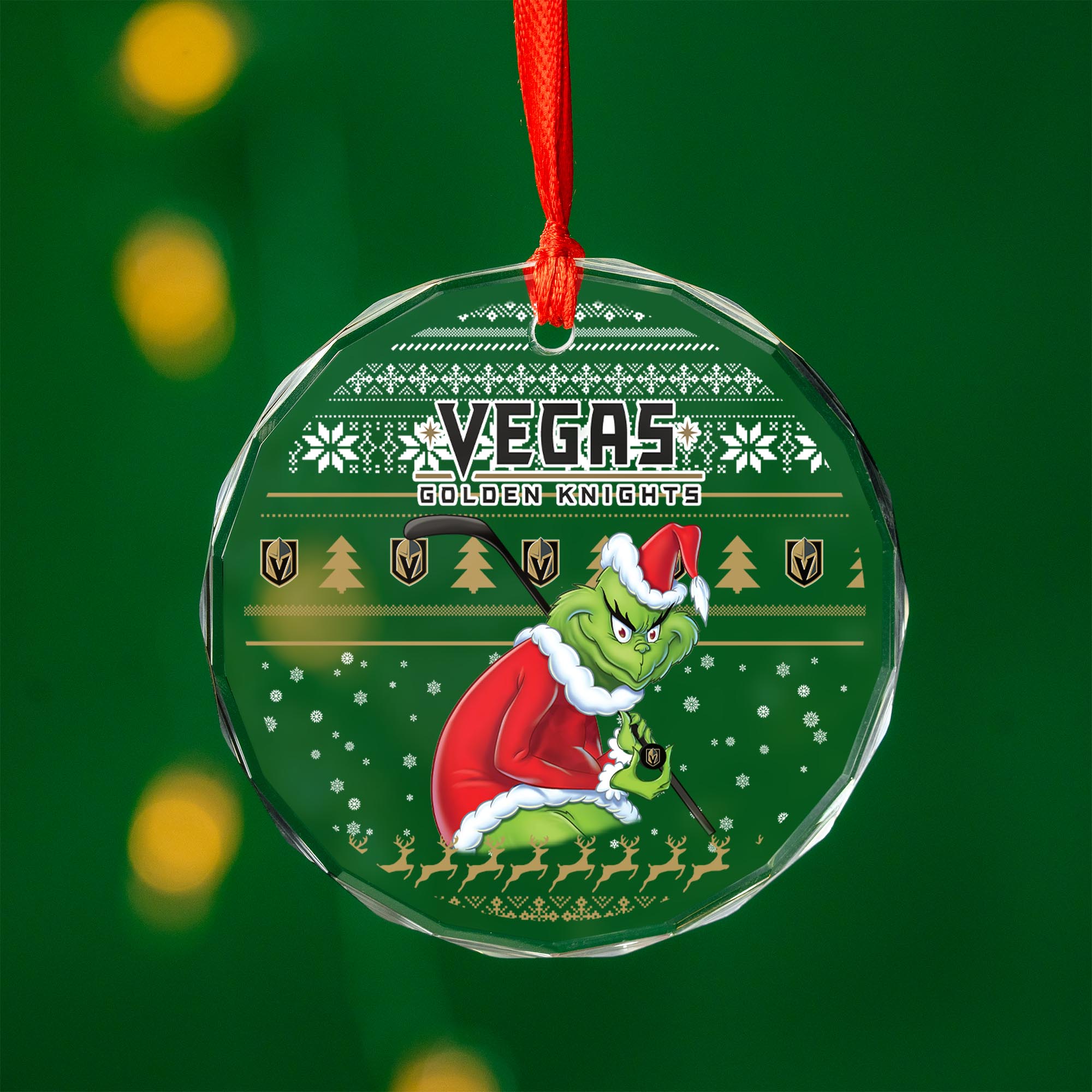 Sportswearmerch Vegas Golden Knights NHL x Grinch Christmas Glass Ornament For Fans