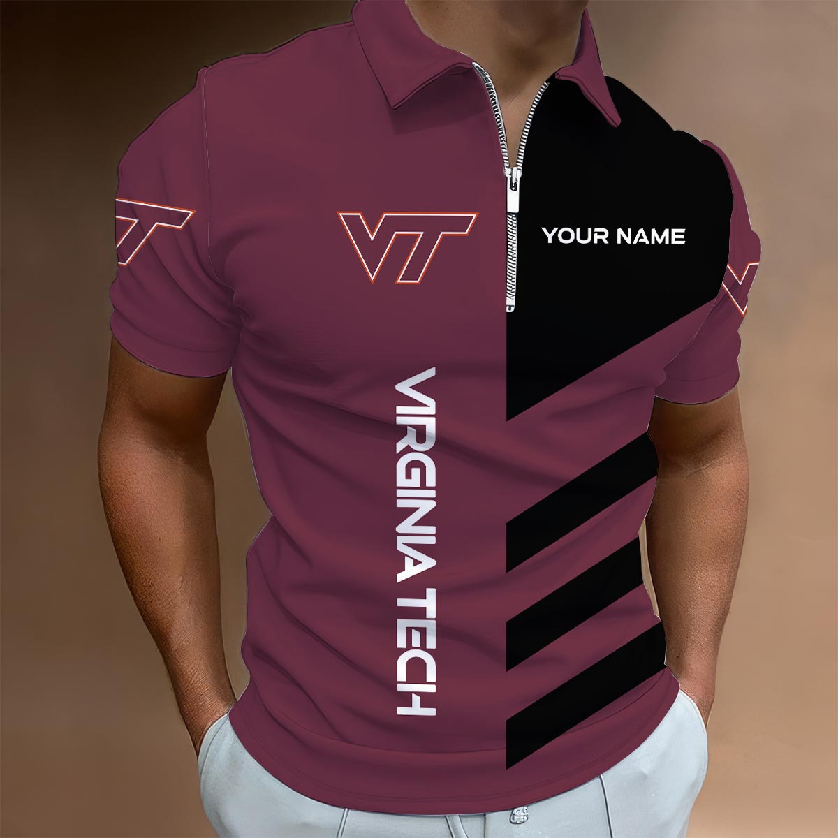 Sportswearmerch Virginia Tech Hokies NCAA Lapel Zip Polo Shirt For Fan