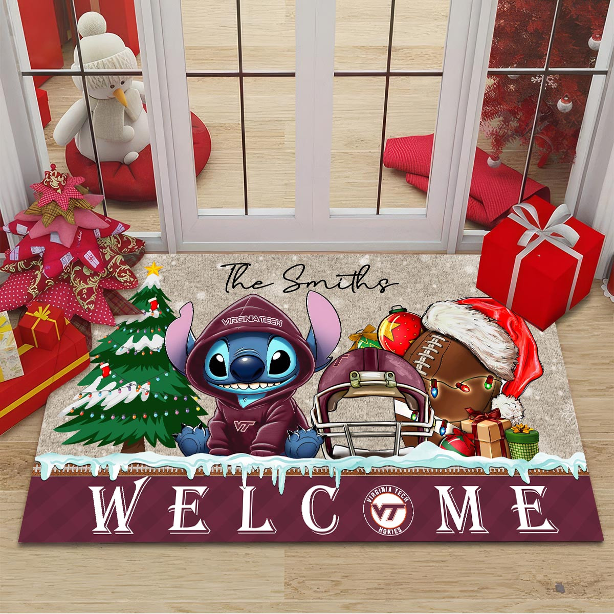 Sportswearmerch Virginia Tech Hokies NCAA x Cute Stitch Christmas Doormat For Fan