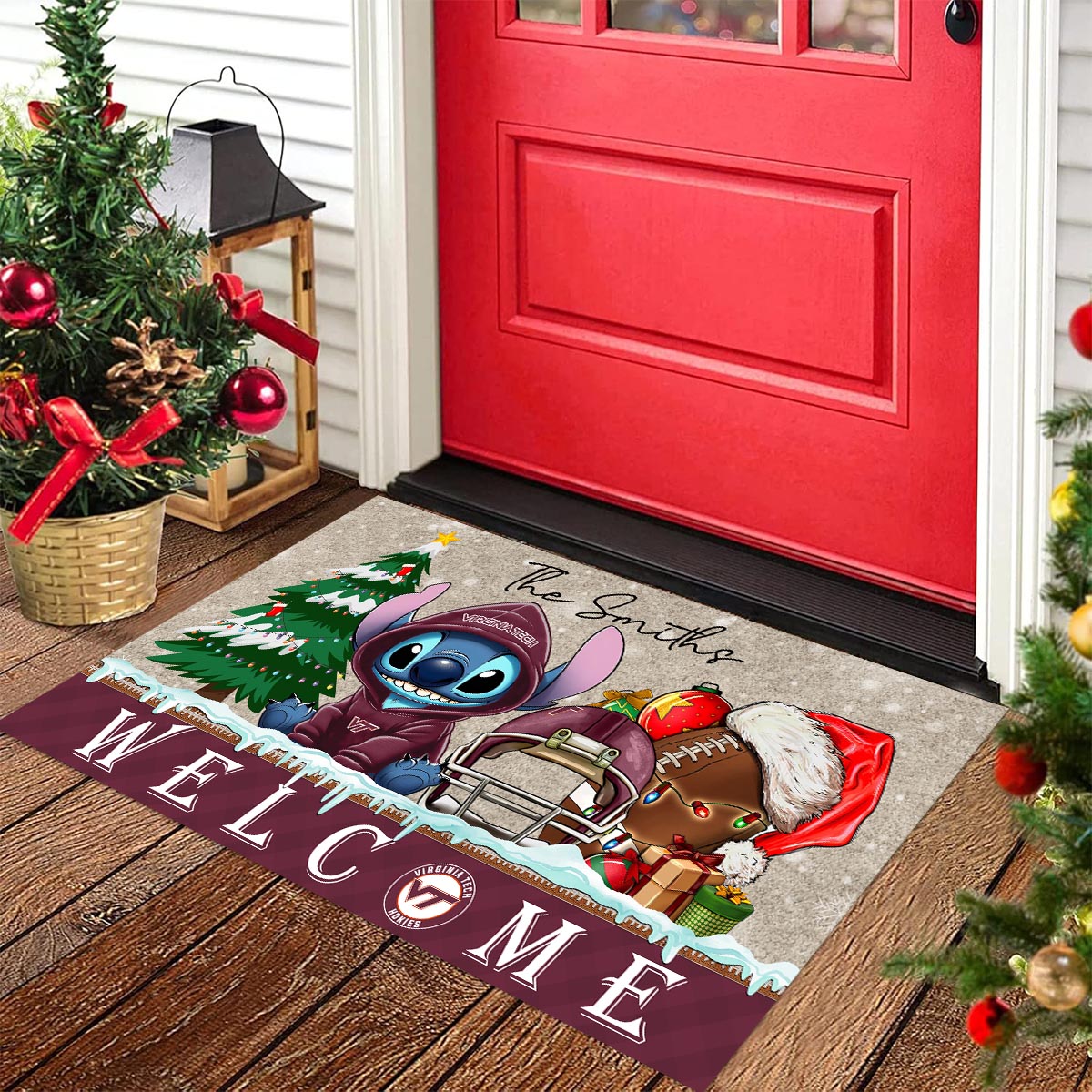 Sportswearmerch Virginia Tech Hokies NCAA x Cute Stitch Christmas Doormat For Fan