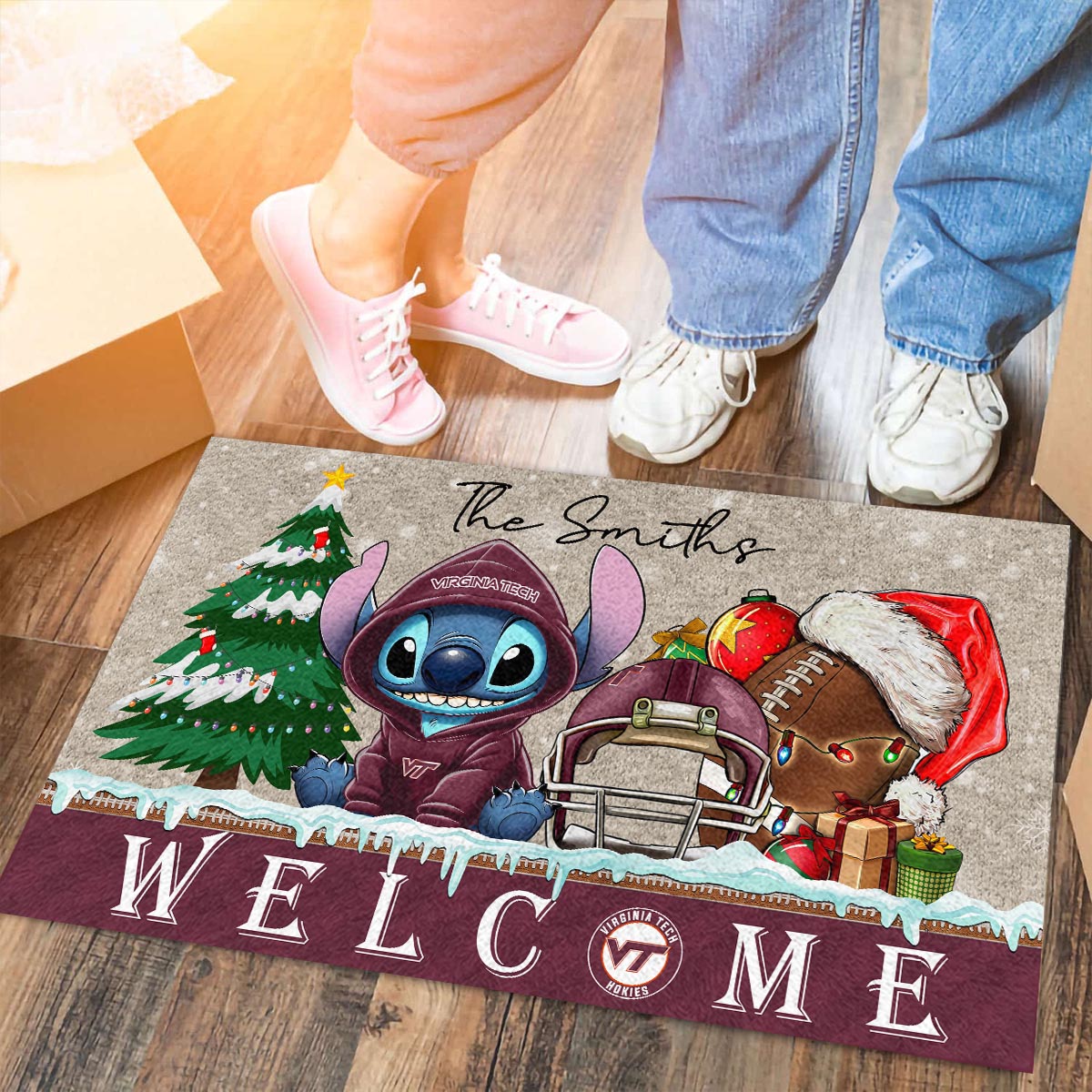 Sportswearmerch Virginia Tech Hokies NCAA x Cute Stitch Christmas Doormat For Fan