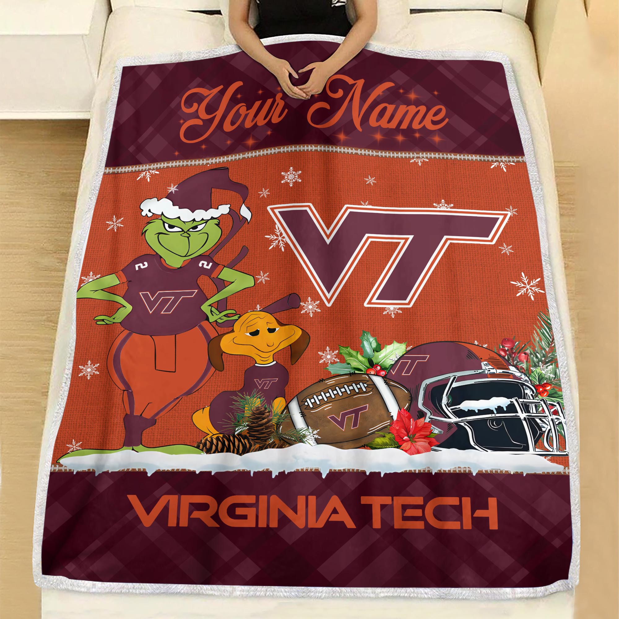 Sportswearmerch Virginia Tech Hokies NCAA x Grinch Christmas Fleece Blanket For Fan