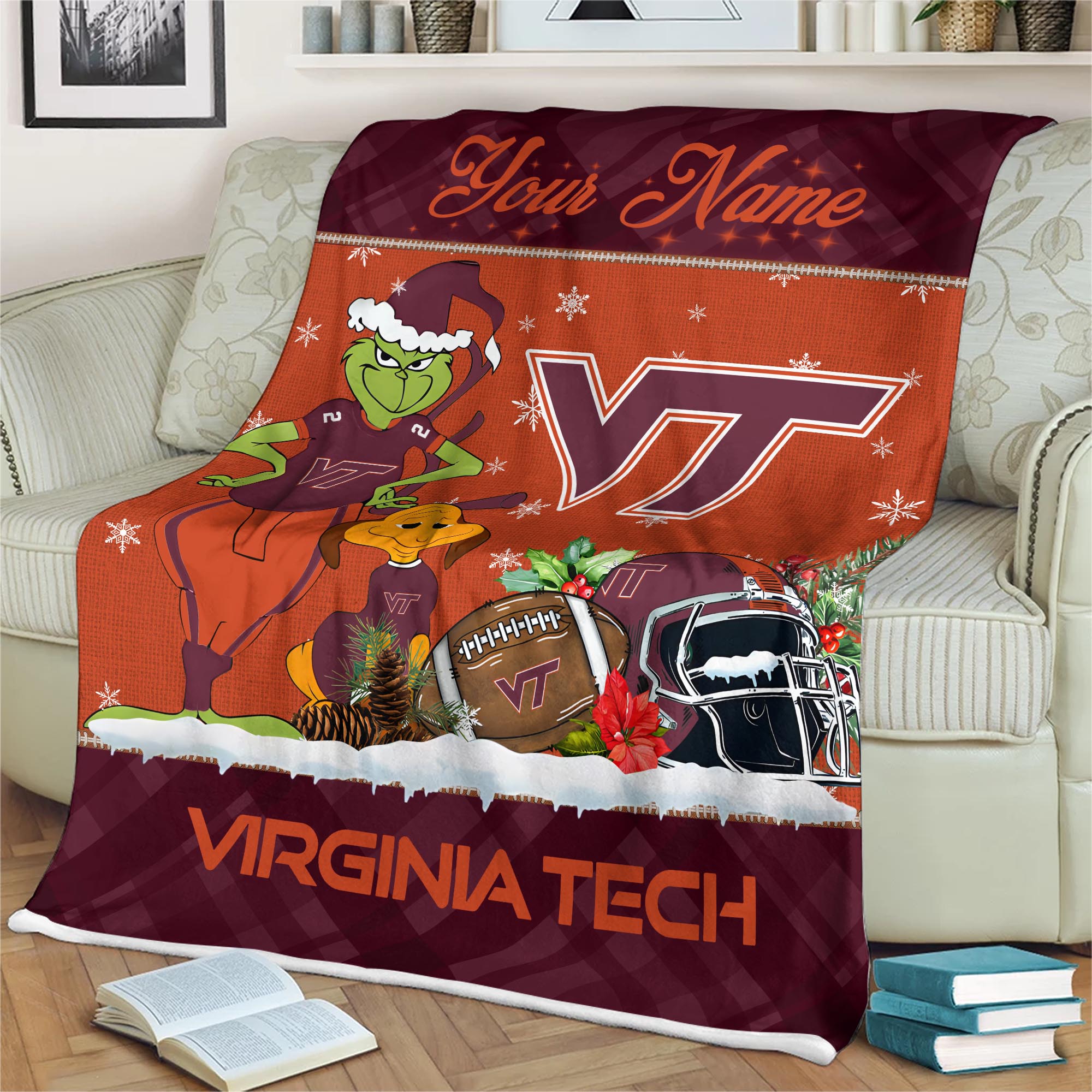 Sportswearmerch Virginia Tech Hokies NCAA x Grinch Christmas Fleece Blanket For Fan