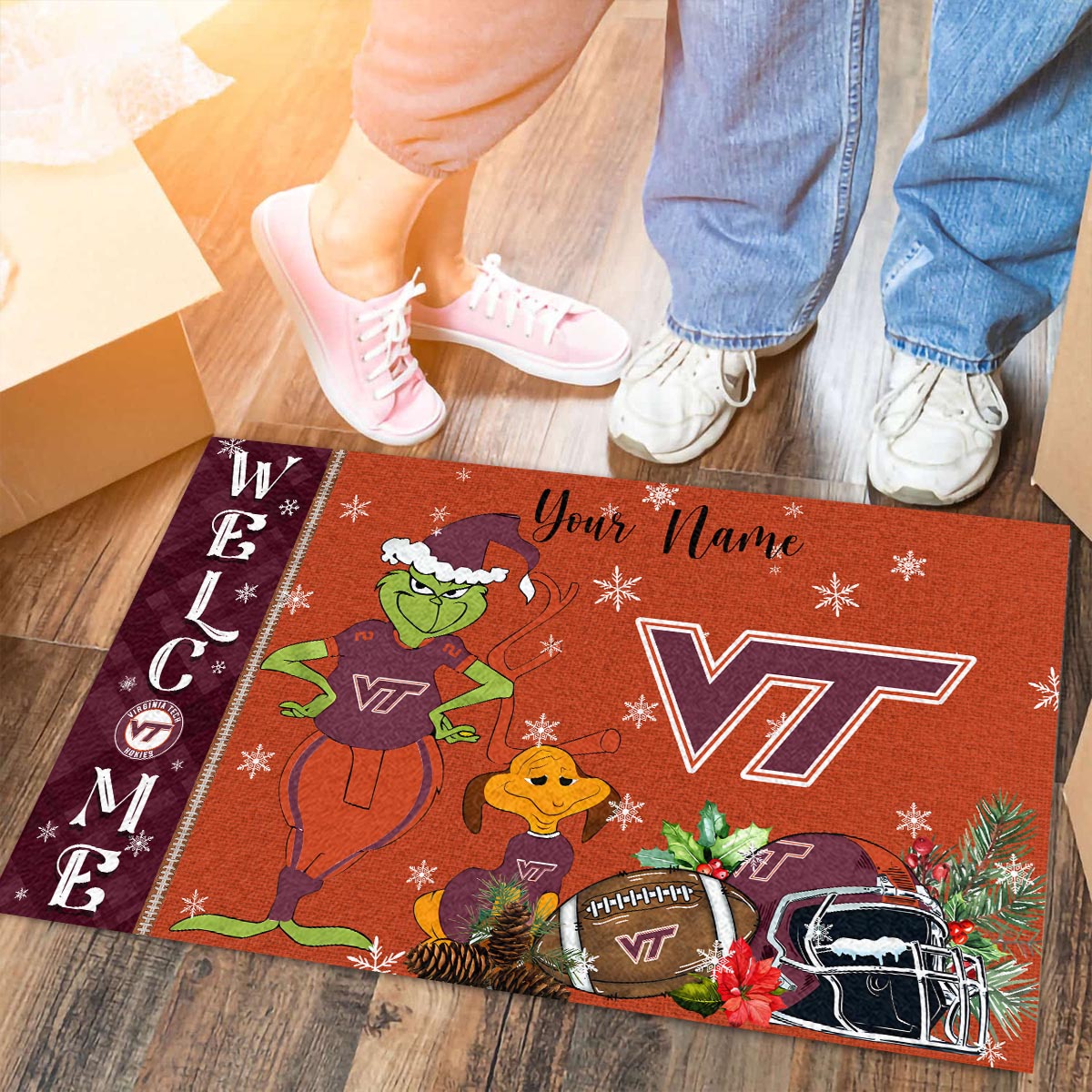 Sportswearmerch Virginia Tech Hokies NCAA x Grinch Christmas Welcome Football Doormat For Fan