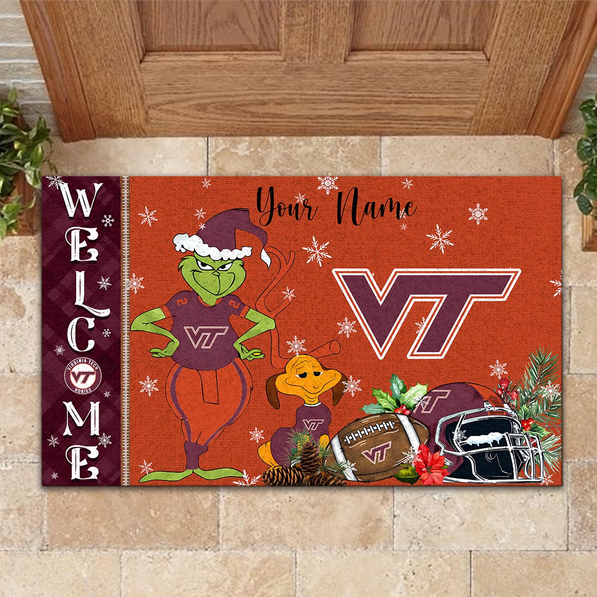 Sportswearmerch Virginia Tech Hokies NCAA x Grinch Christmas Welcome Football Doormat For Fan