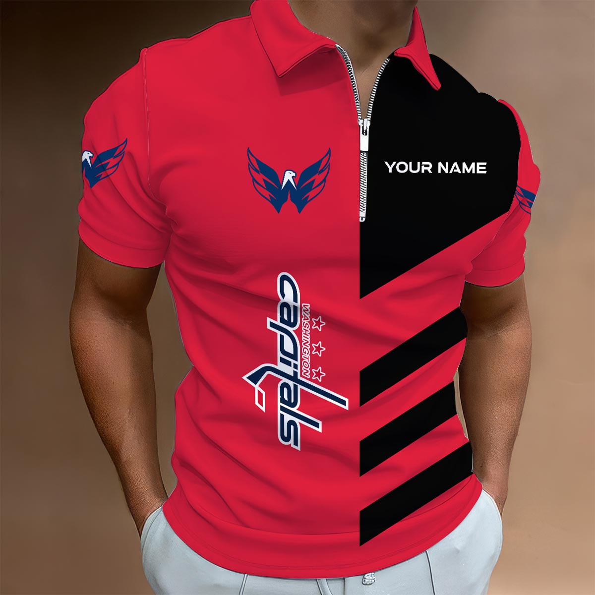 Sportswearmerch Washington Capitals NHL Lapel Zip Polo Shirt For Fan
