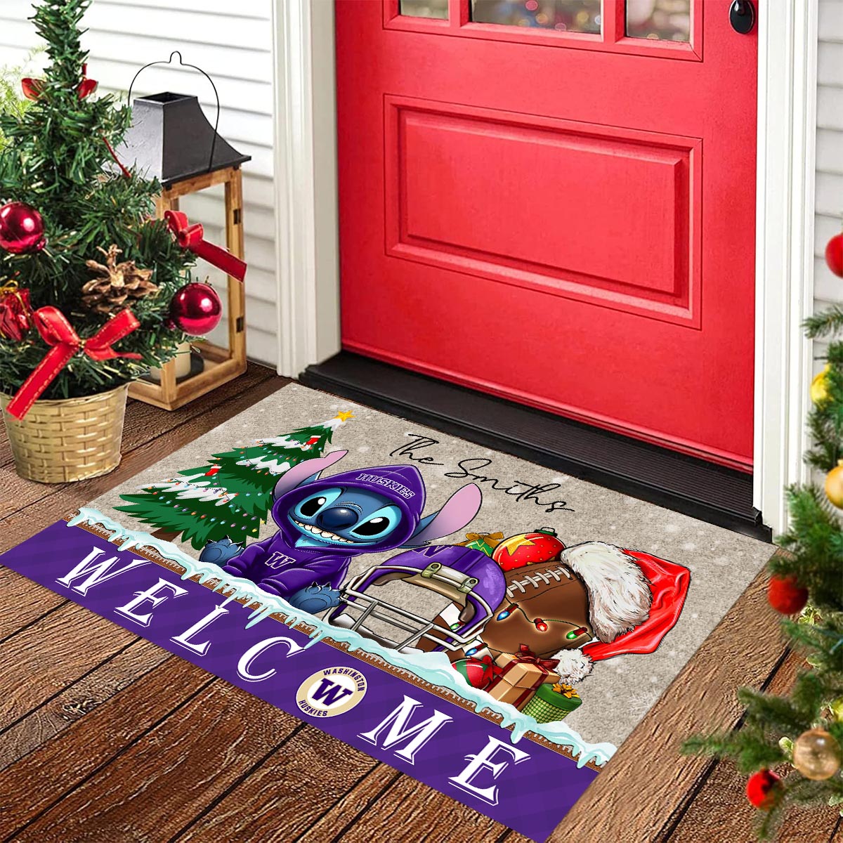 Sportswearmerch Washington Huskies NCAA x Cute Stitch Christmas Doormat For Fan