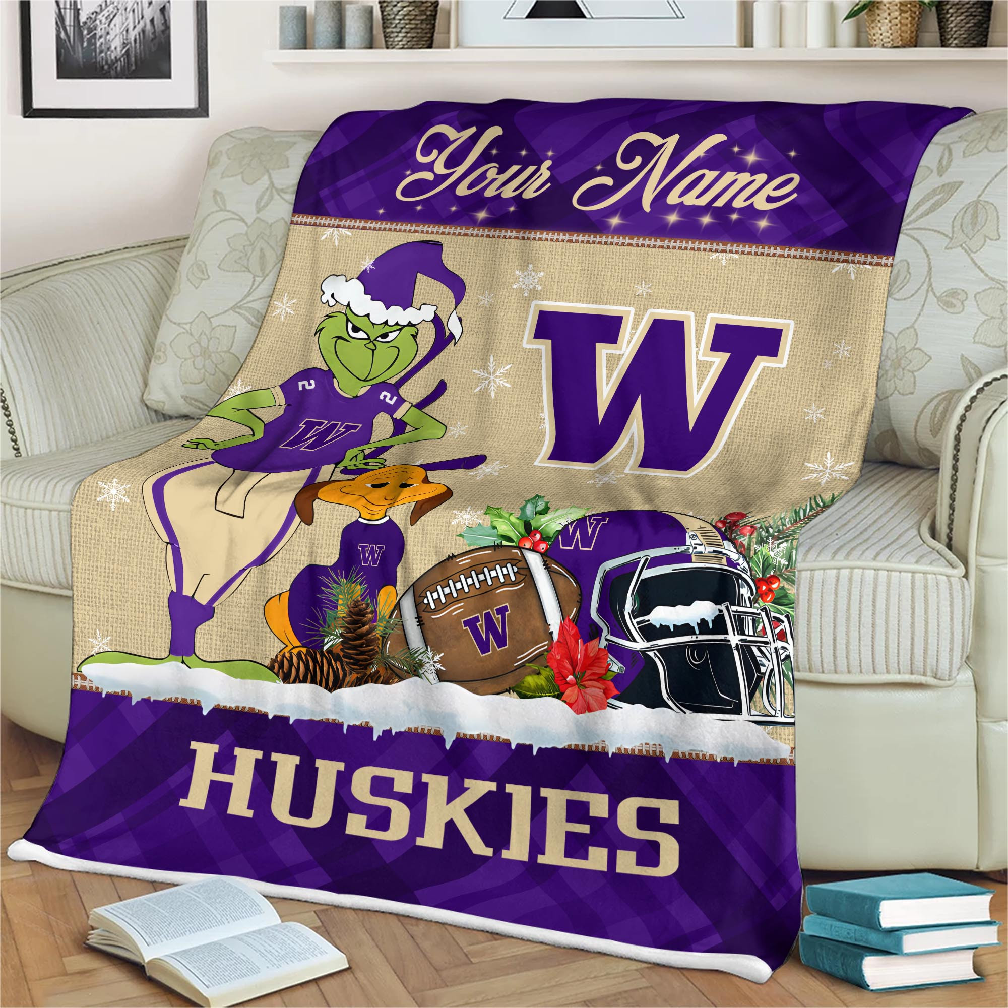 Sportswearmerch Washington Huskies NCAA x Grinch Christmas Fleece Blanket For Fan