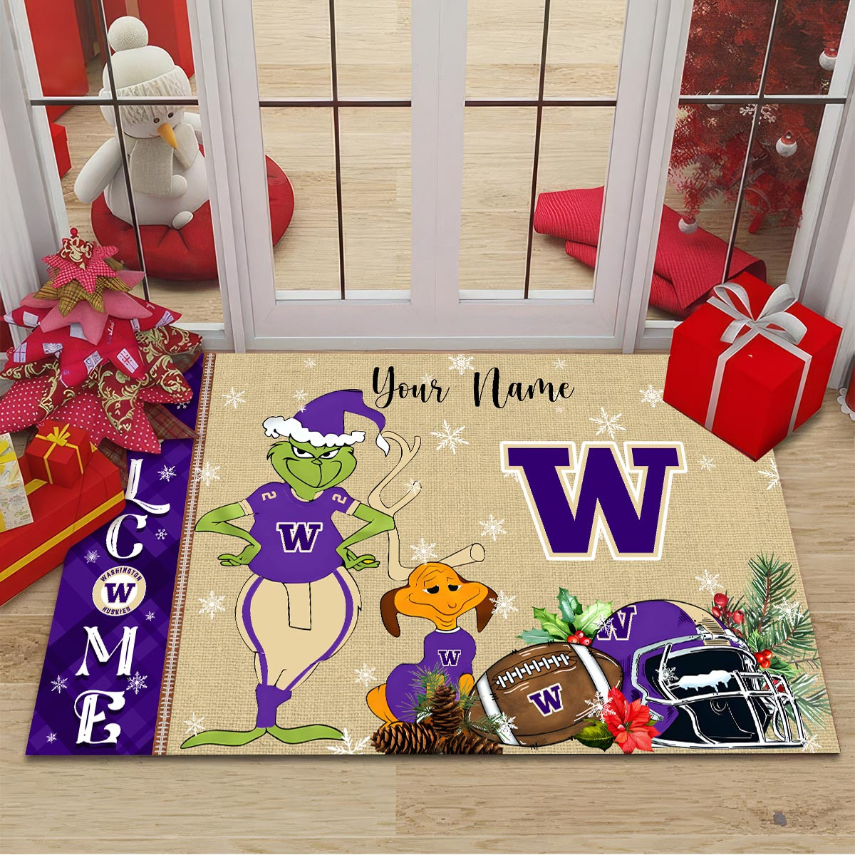Sportswearmerch Washington Huskies NCAA x Grinch Christmas Welcome Football Doormat For Fan