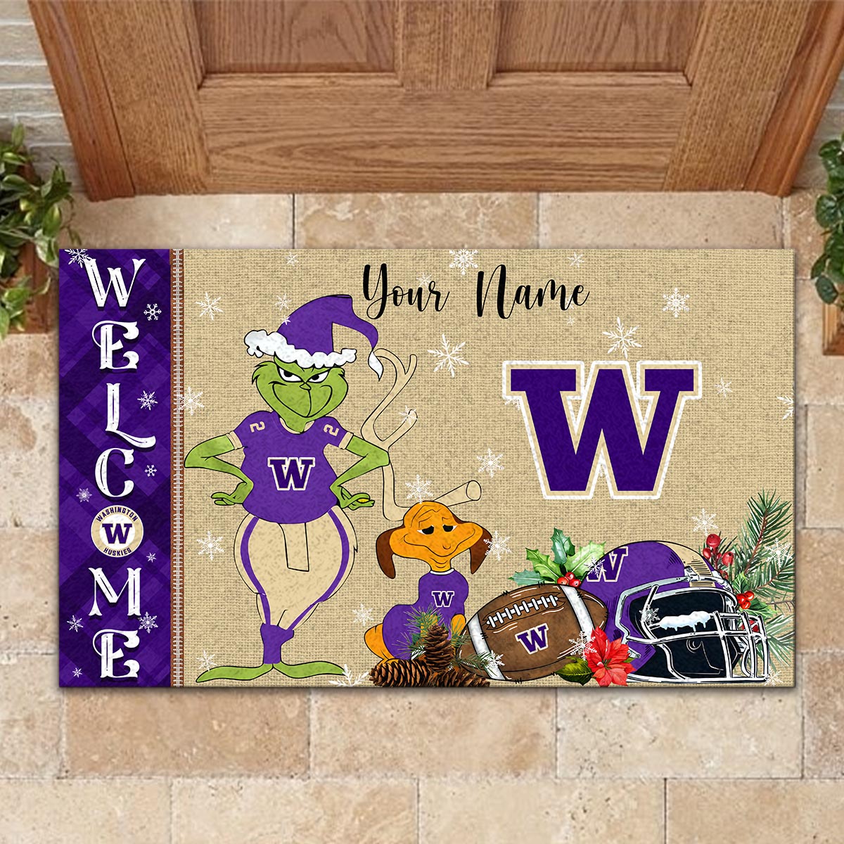 Sportswearmerch Washington Huskies NCAA x Grinch Christmas Welcome Football Doormat For Fan