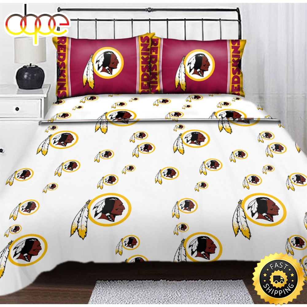 Sportswearmerch Washington Redskins NFL Multi Logo White Brown Bedding Set For Fan
