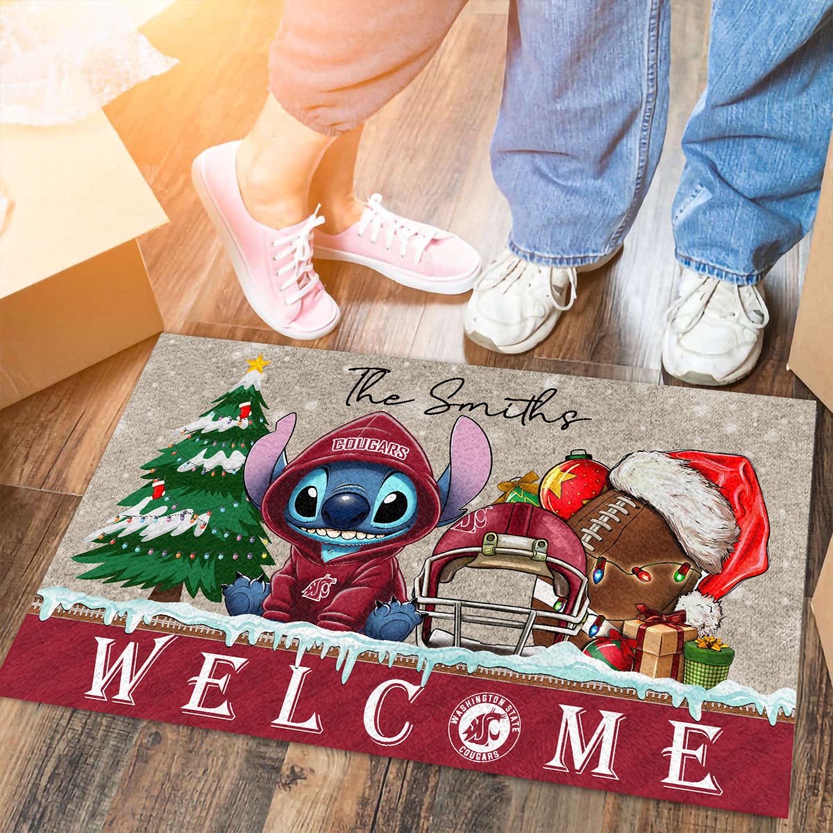 Sportswearmerch Washington State Cougars NCAA x Cute Stitch Christmas Doormat For Fan