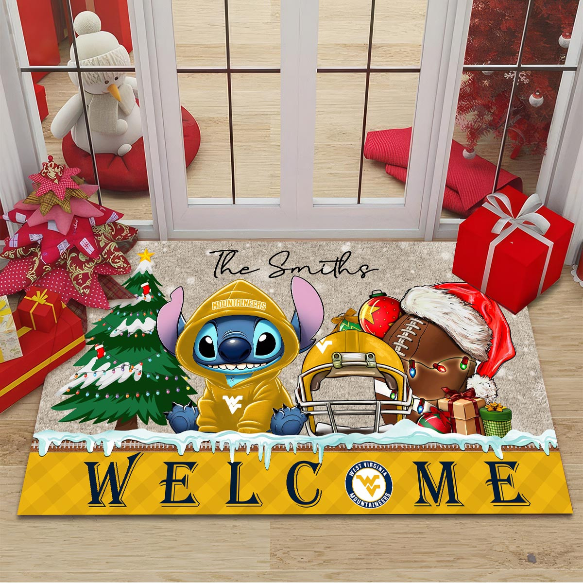 Sportswearmerch West Virginia Mountaineers NCAA x Cute Stitch Christmas Doormat For Fan