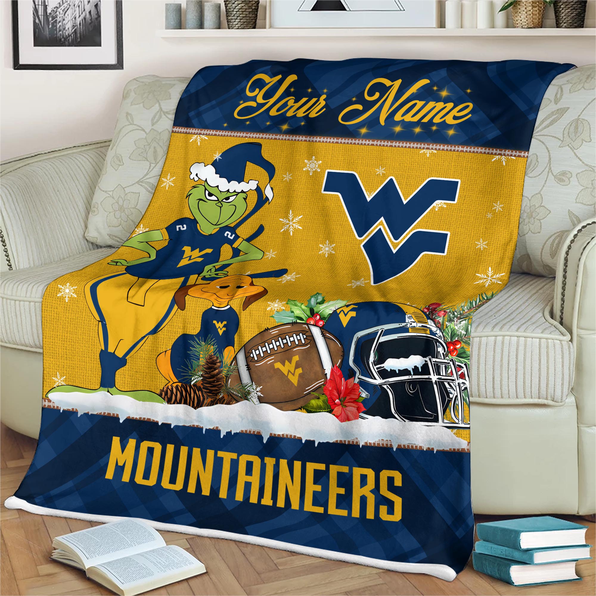 Sportswearmerch West Virginia Mountaineers NCAA x Grinch Christmas Fleece Blanket For Fan