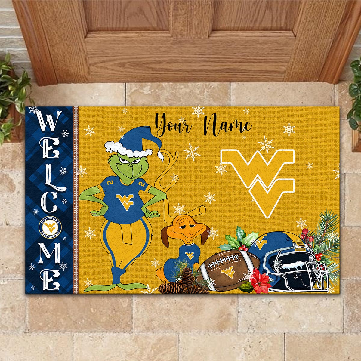 Sportswearmerch West Virginia Mountaineers NCAA x Grinch Christmas Welcome Football Doormat For Fan