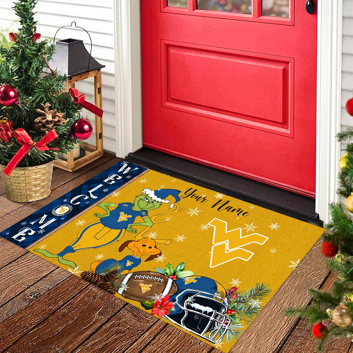 Sportswearmerch West Virginia Mountaineers NCAA x Grinch Christmas Welcome Football Doormat For Fan